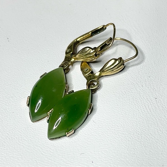 Vintage Jade Drop Earrings Rolled Gold Dangles - Picture 3 of 8